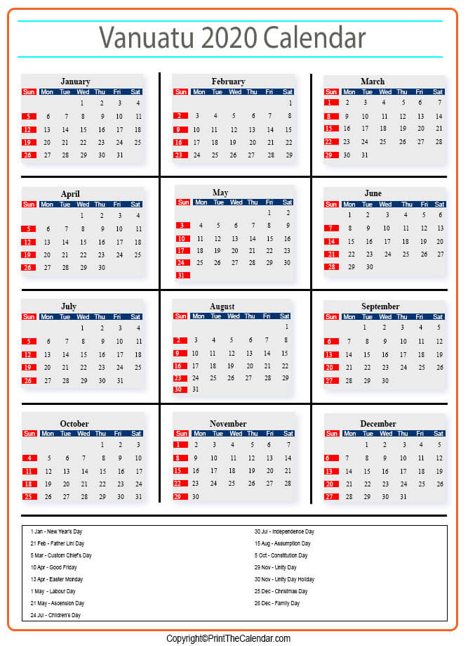 Vanuatu Calendar 2020